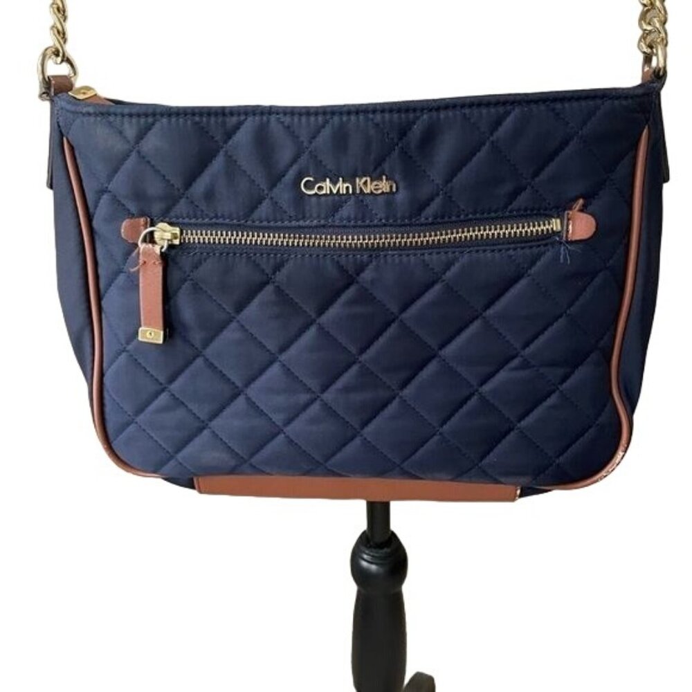 Calvin Klein Y2k Cross Body Bag Quilted Fabric Blue Brown